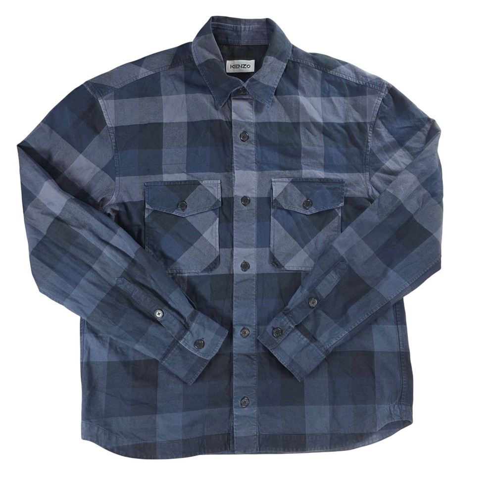 Kenzo Buffalo Check Plaid Navy Blue Cotton Button Down Shirt Blue Medium Mens